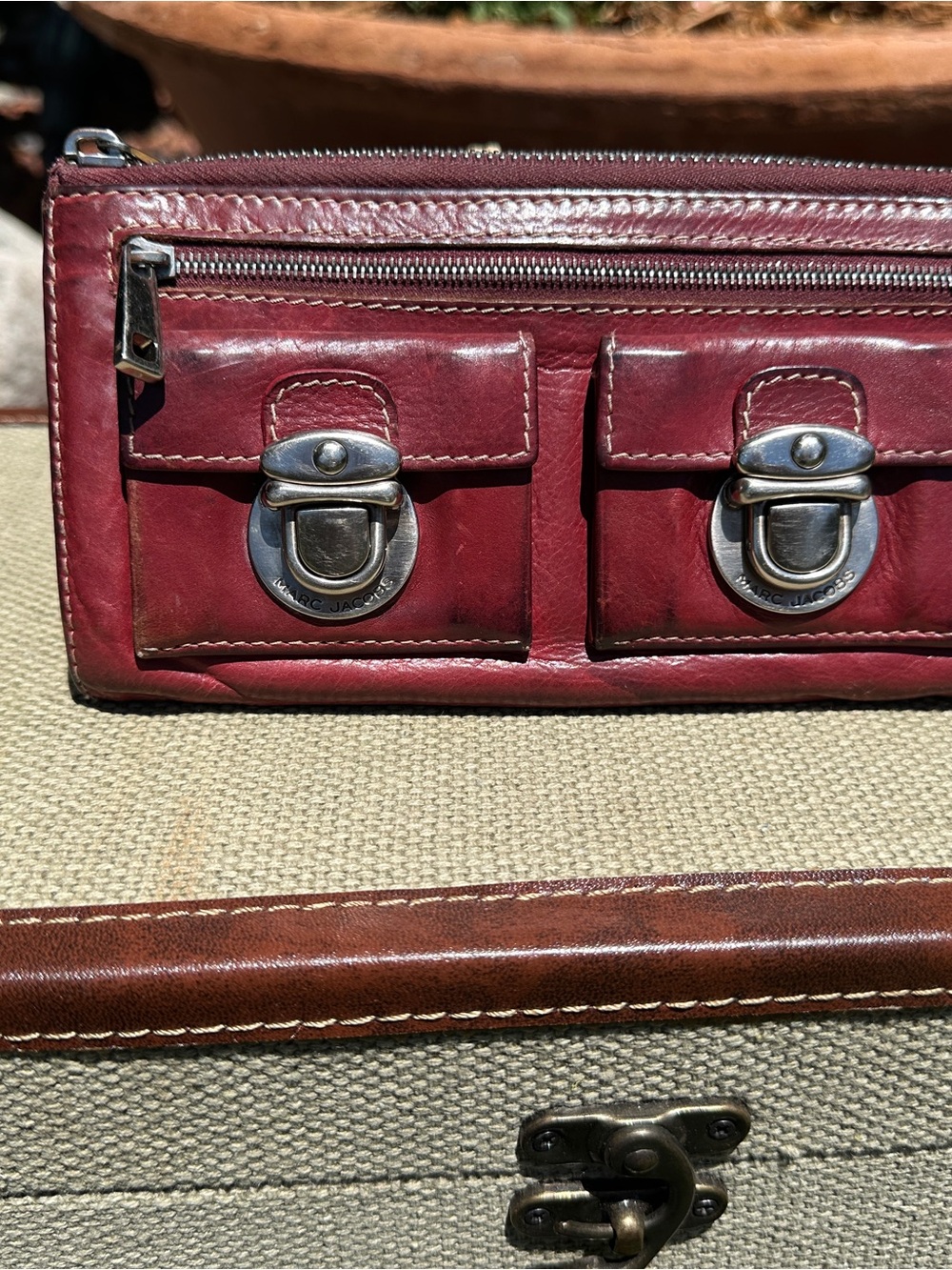 Marc Jacobs Burgundy Leather Wallet Clutch with Front Pockets